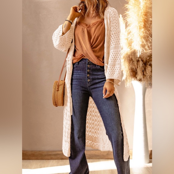 Boutique Brand Open Knit Tie Front Drop Shoulder Cardigan Duster Apricot 💗 - Picture 8 of 12